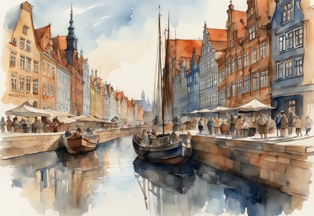 Ilustracja akwarelowa Gdańsk stare miasto Motława rzeka tradycyjne polskie budynki tarasy